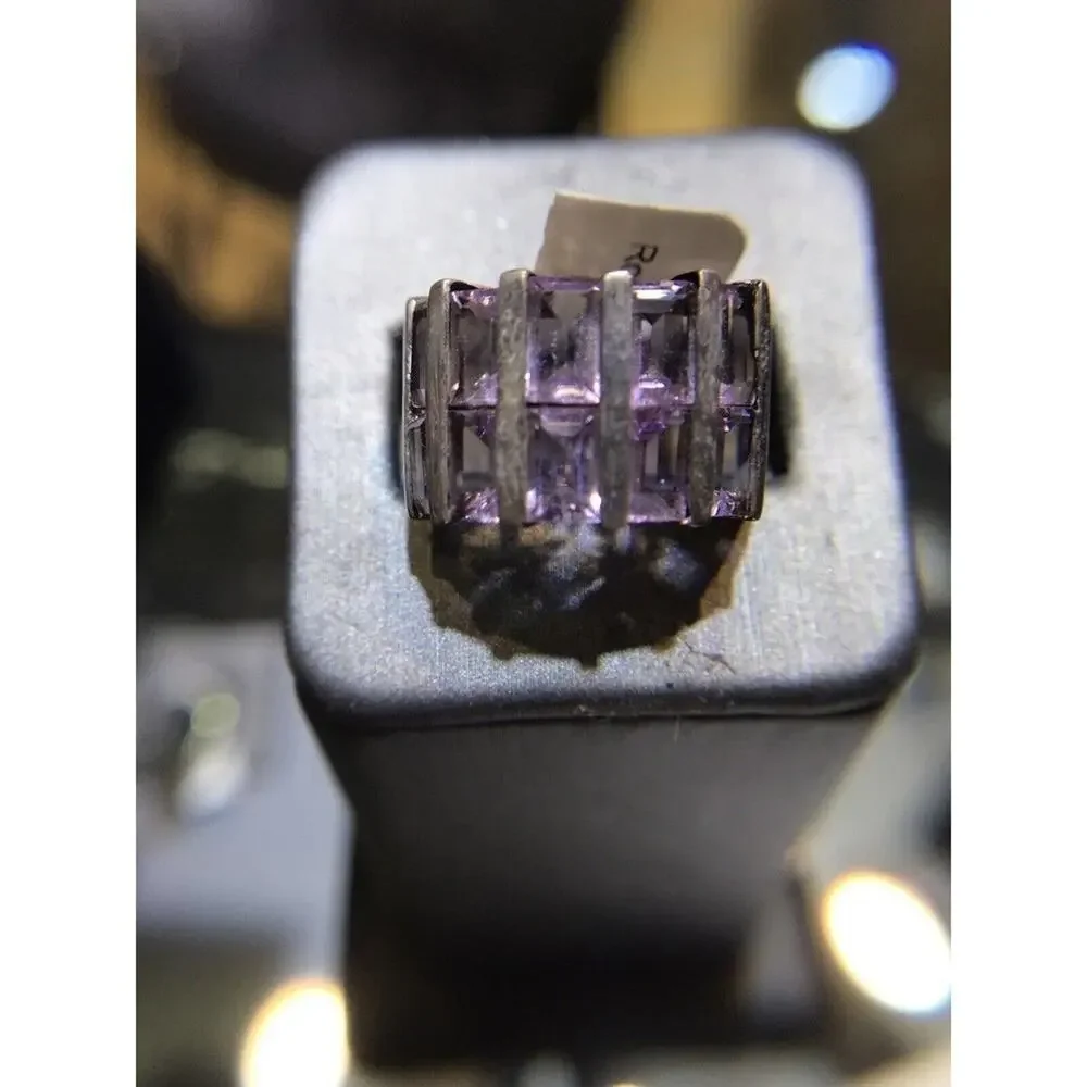Amethyst Ring Sz7 10 Channel Set Stones Silver 925 (All Stones Simulated)